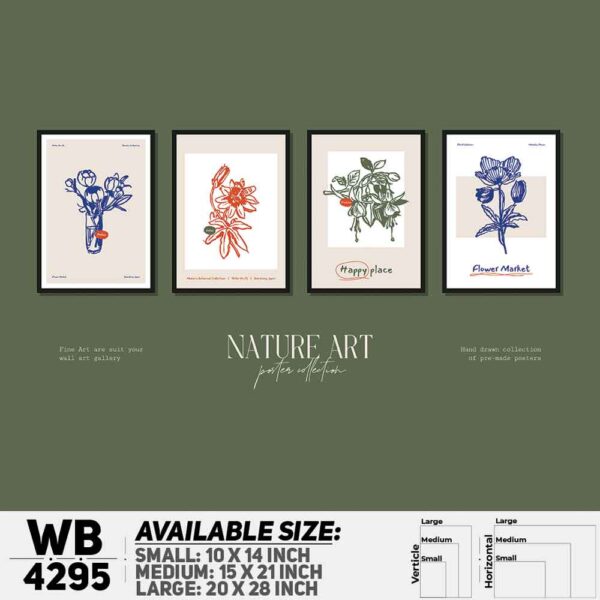 DDecorator Flower & Leaf Typography Art (Set of 4) Wall Decoration And Home Decoration PVC Wall Board And Wall Canvas - WB4295