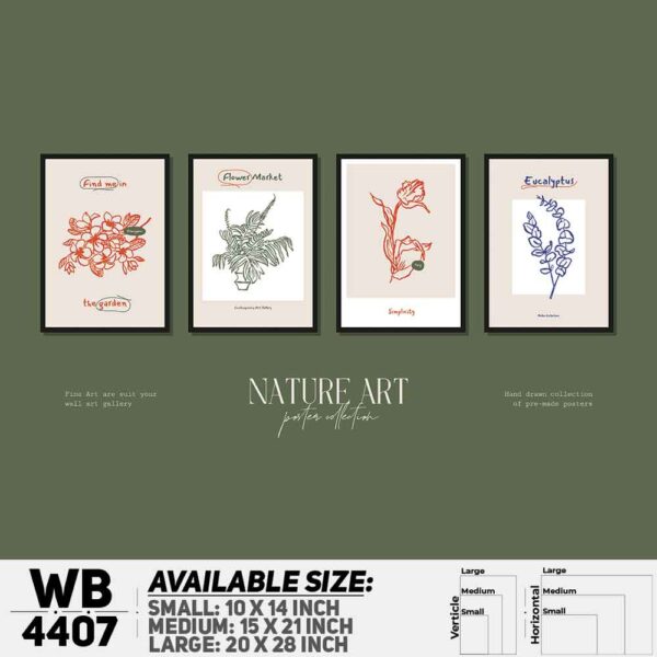 DDecorator Flower & Leaf Typography Art (Set of 4) Wall Decoration And Home Decoration PVC Wall Board And Wall Canvas - WB4407