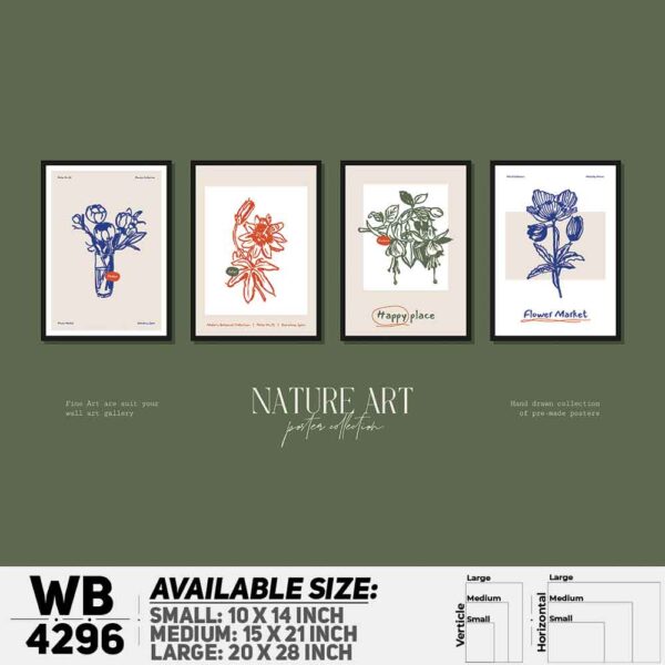 DDecorator Flower & Leaf Typography Art (Set of 4) Wall Decoration And Home Decoration PVC Wall Board And Wall Canvas - WB4296